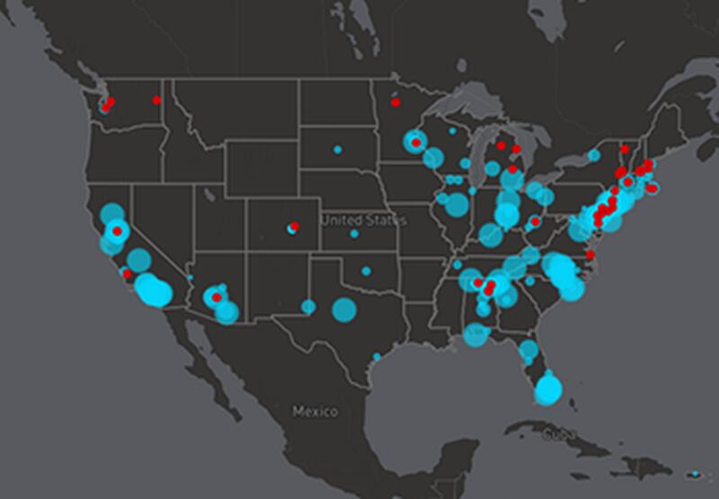  Red dots show sites with PFC contamination. Blue dots show EPA detection of contamination in public water supplies. NORTHEASTERN UNIVERSITY, BOSTON