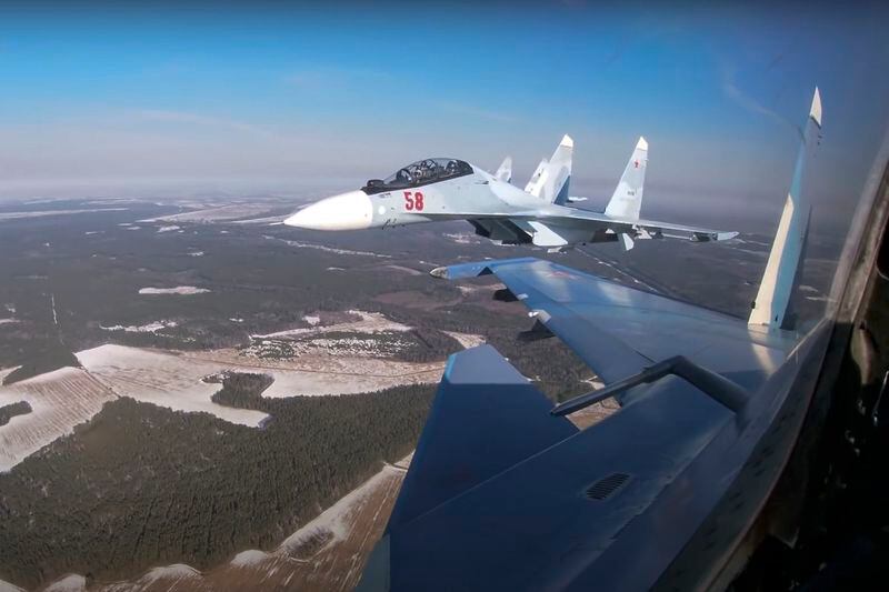 FILE - In this photo taken from video provided by the Russian Defense Ministry Press Service on Thursday, Feb. 17, 2022, Su-30 fighters of the Russian and Belarusian air forces fly in a joint mission during the Union Courage-2022 Russia-Belarus military drills in Belarus. The Russian Defense Ministry said that the military will hold drills involving tactical nuclear weapons – the first time such exercise was publicly announced by Moscow. (Russian Defense Ministry Press Service via AP, File)