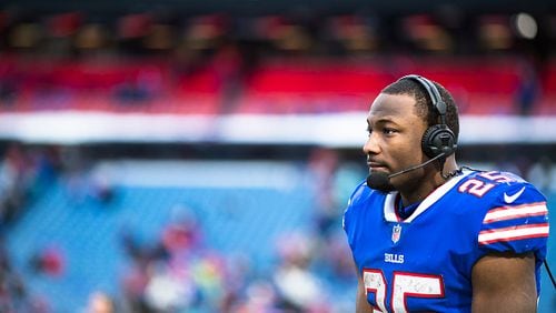 ORCHARD PARK, NY - DECEMBER 17:  LeSean McCoy #25 of the Buffalo Bills participates in a post game television interview after the game against the Miami Dolphins at New Era Field on December 17, 2017 in Orchard Park, New York. Buffalo defeats Miami 24-16.  (Photo by Brett Carlsen/Getty Images)