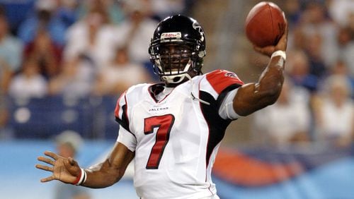 Falcons Michael Vick throws during first half action between the Atlanta Falcons and the Tennessee Titans on August 26, 2006 at The Coliseum in Nashville, Tennessee. (Photo by Joe Murphy/NFLPhotoLibrary)