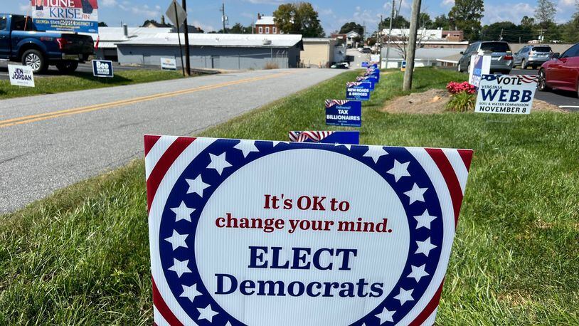 A Democratic sign in deep-red White County, Ga.
