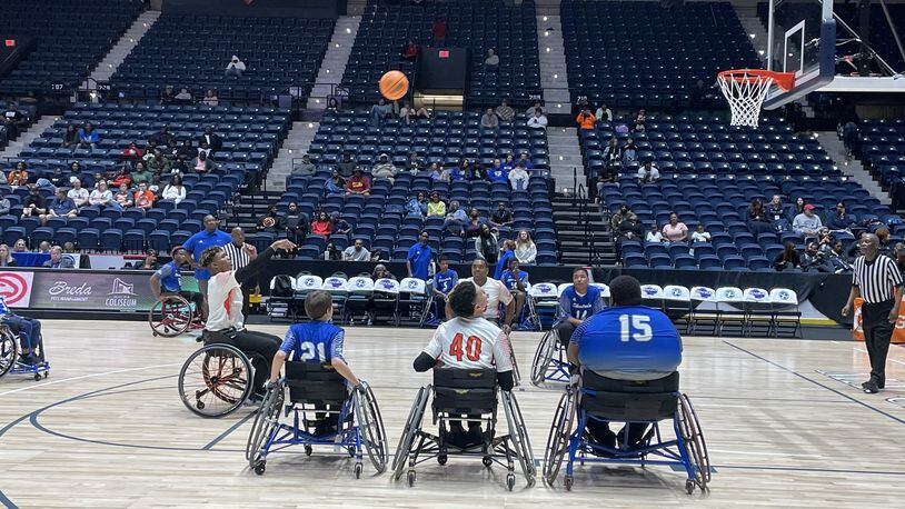Houston County's Ger'mir Gordon shoots a free throw in the first half of the Sharks' 49-30 victory over the DeKalb Silver Sharks in the AAASP Wheelchair basketball championship game at the Macon Coliseum on March 11, 2023. Gordon scored a team-high 13 points.
