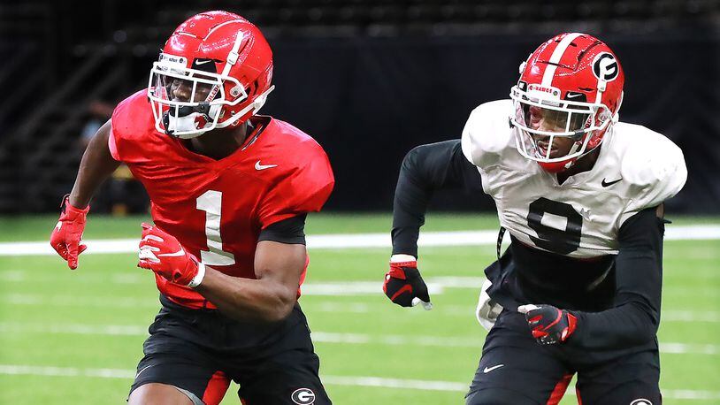 Georgia wide receiver George Pickens gets past defensive back Ameer Speed on a pass route during team practice Sunday, Dec. 29, 2019, at Mercedes-Benz Superdome ahead of their Sugar Bowl matchup against the Baylor Bears.