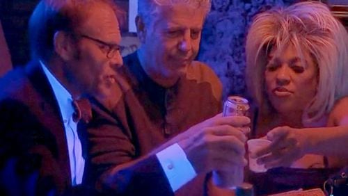 Anthony Bourdain (center) with Alton Brown (left) and Blondie at the Clermont Lounger for the Travel Channel show "The Layover."