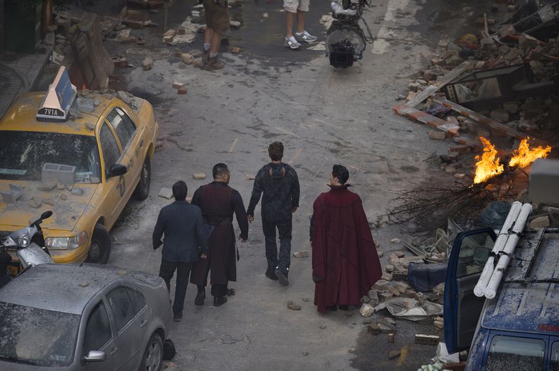 Cast members Mark Ruffalo Robert Downey Jr., Benedict Wong and Benedict Cumberbatch work during the filming of "Avengers: Infinity War,”  in Atlanta. The set is modeled after a New York City street.