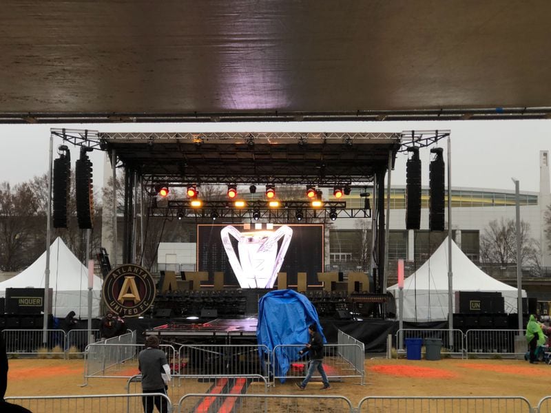 The stage is ready Monday morning at the Home Depot Backyard outside Mercedes-Benz Stadium for the Atlanta United pep rally planned for noon.  