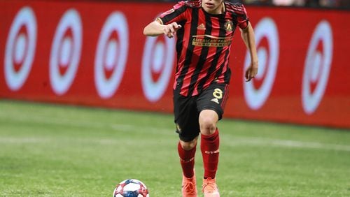 October 24, 2019 Atlanta: Atlanta United midfielder Ezequiel Barco works against Philadelphia in the Eastern Conference semifinals of the MLS playoffs on Thursday, October 24, 2019, in Atlanta.   Curtis Compton/ccompton@ajc.com