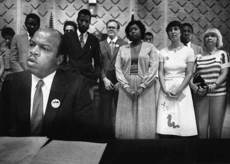 Supporters listen as John Lewis announces on July 8, 1981, that he's in the Atlanta City Council race. (Andy Sharp / AJC staff)