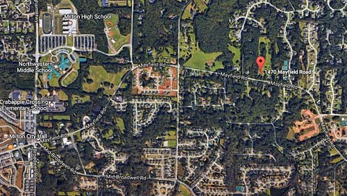 A future “passive” park on Mayfield Road, to be jointly owned and managed by Alpharetta and Milton, would be a short distance east of Milton High School, Northwestern Middle School and Crabapple Crossing Elementary School. GOOGLE MAPS