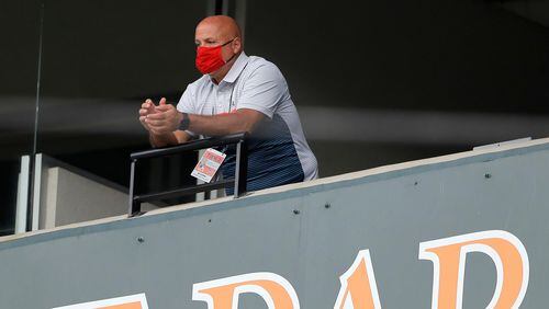 Nationals general manager Mike Rizzo looks on during the seventh inning Aug. 14, 2020, from a suite in Baltimore. Rizzo was ejected from Truist Park in Atlanta for making audible comments from a suite.