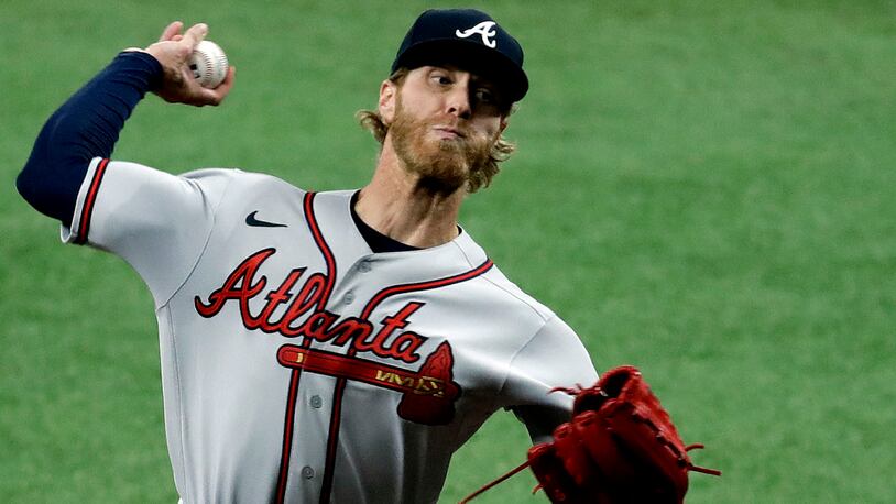 Atlanta Braves' Mike Foltynewicz pitches to the Tampa Bay Rays during the first inning of a baseball game Monday, July 27, 2020, in St. Petersburg, Fla. (AP Photo/Chris O'Meara)