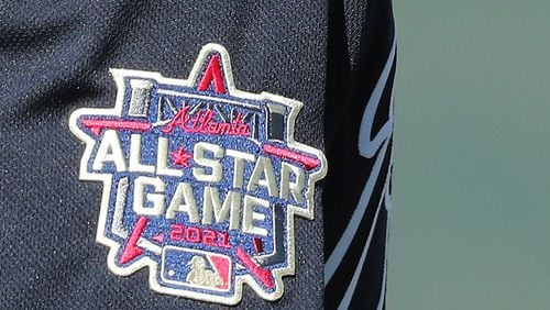 All-Star game patch adorns the jersey of  outfielder Ronald Acuna during the first full squad workout Tuesday, Feb. 23, 2021, at CoolToday Park in North Port, Fla. The patch was removed from the Braves' uniforms after the league moved the game from Atlanta.  (Curtis Compton / Curtis.Compton@ajc.com)
