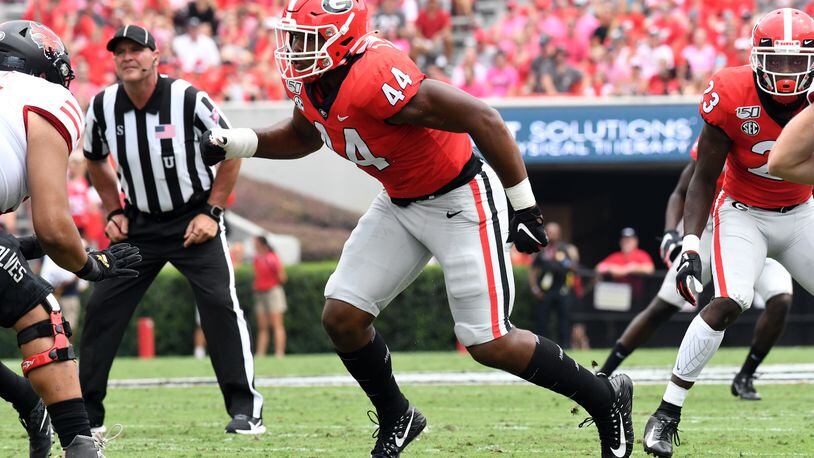 Georgia freshman defensive end Travon Walker played in five games before being sidelined this past weekend with a wrist injury that required surgery. (Perry McIntyre/UGA Athletics)