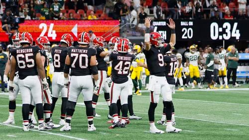 With 34 seconds left in the game, Falcons quarterback Desmond Ridder (9) encouraged the crowd to get loud as the Falcons beat the Green Bay Packers 25-24 on Sunday, Sept. 17, 2023, at Mercedes-Benz Stadium in Atlanta. 

Miguel Martinz/miguel.martinezjimenez@ajc.com