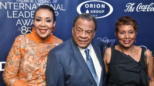 June 3, 2017 Atlanta - Ambassador Andrew Young and wife Carolyn Young (left) pose on the red carpet before 2017 Andrew J. Young International Leadership Awards Gala and 85th Birthday at Philips Arena on Saturday, June 3, 2017. Former VP Joe Biden honored at former Atlanta Mayor and UN Ambassador Andy Young's 85 birthday celebration at Philips Arena. The Andrew J. Young Foundation today announced the recipients of the 2017 Andrew J. Young International Leadership Awards, recognizing exceptional individuals whose activism, philanthropy and leadership are transforming lives throughout the global community. The awards will be presented at the Foundationâs gala event on June 3, 2017, at the Philips Arena in Atlanta as part of the 85th birthday celebration of its founder and chair, Ambassador Andrew Young. HYOSUB SHIN / HSHIN@AJC.COM