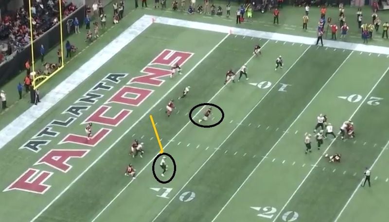 Falcons defensive tackle Grady Jarrett dropping into coverage. With only three rushing and Vic Beasley being double teamed, Saints quarterback Drew  Brees tossed an 11-yard touchdown pass to Cam Meredith to make it 23-21 in the third quarter.