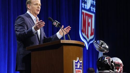 NFL commissioner Roger Goodell responded to several “Deflategate” questions during his Super Bowl week press conference Wednesday at a Houston hotel. (Curtis Compton/ccompton@ajc.com)