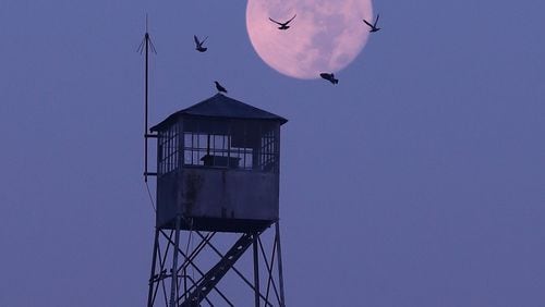 The supermoon hangs in the sky over a fire service lookout tower shrouded in a haze from wildfires in North Georgia as birds come in to land on the roof on Nov. 15, 2016, near Madison. Curtis Compton/ccompton@ajc.com