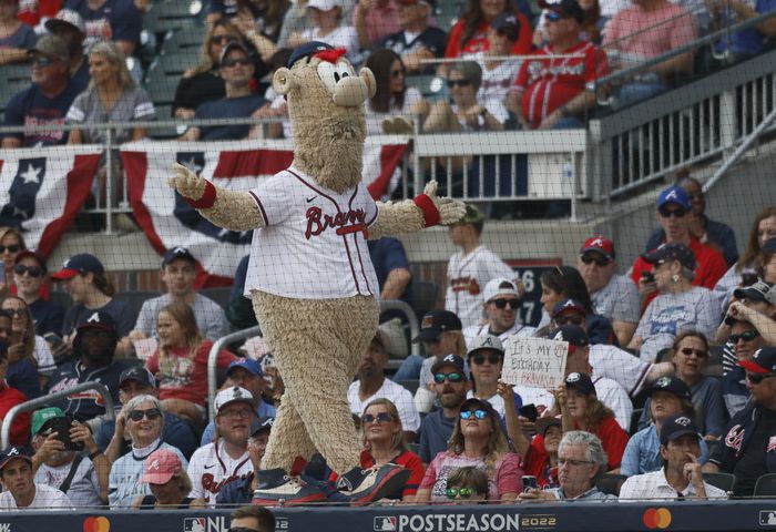 Atlanta Braves' mascot Blooper reacts during the seventh inning stretch of game one of the baseball playoff series between the Braves and the Phillies at Truist Park in Atlanta on Tuesday, October 11, 2022. (Jason Getz / Jason.Getz@ajc.com)