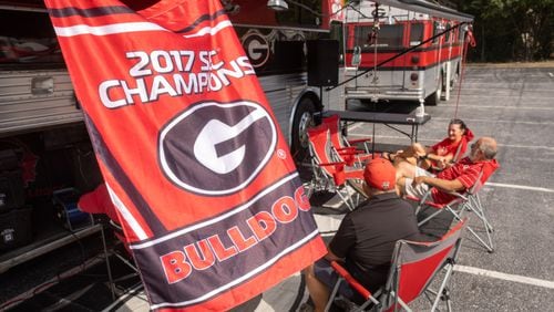 Georgia fans are all set up in their RVs near  Mercedes Benz Stadium in preparation for Saturday's UGA Chick-fil-A kickoff game at Mercedes Benz Friday, Sep.  2, 2022..  Steve Schaefer/steve.schaefer@ajc.com)

