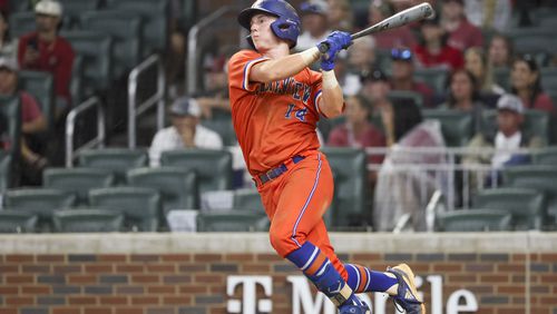 Parkview’s Cade Brown (14) hits a single during the fourth inning against Lowndes in game one of the GHSA baseball 7A state championship at Truist Park, Tuesday, May 16, 2023, in Atlanta. Lowndes won 3-2. (Jason Getz / Jason.Getz@ajc.com)