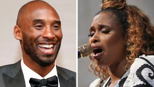 At left, in a March 4, 2018, file photo, Kobe Bryant attends the Governors Ball after the Oscars  in Los Angeles. At right, in a May 28, 2019, file photo, Jennifer Hudson sings "Amazing Grace" in tribute to Aretha Franklin during the 2019 Pulitzer Prize winners awards luncheon at Columbia University in New York.  Jennifer Hudson is coming to the All-Star Game to pay tribute to Kobe Bryant with her voice. (AP Photo/File)