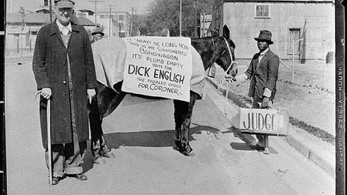 Dick English used a mule to campaign for coroner of Thomas County in 1930. Ten years later, in another campaign, he promised "inquests with a zip!" (Photo from Georgia Archives.)