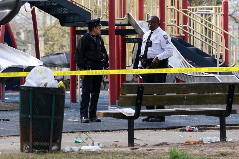 Police respond to a shooting at an Eid al-Fitr event, Wednesday, April 10, 2024, in Philadelphia. (Monica Herndon/The Philadelphia Inquirer via AP)