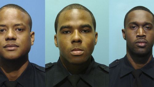These undated photos provided by the Baltimore Police Department show, from left, Daniel Hersl, Evodio Hendrix, Jemell Rayam, Marcus Taylor, Maurice Ward, Momodu Gando and Wayne Jenkins, the seven police officers who are facing charges of robbery, extortion and overtime fraud, and are accused of stealing money and drugs from victims, some of whom had not committed crimes. (Baltimore Police Department via AP)