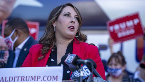 Republican National Committee Chairwoman Ronna McDaniel makes remarks Friday about alleged irregularities in Georgia voting during a GOP briefing at state Republican headquarters in Buckhead. (Alyssa Pointer / Alyssa.Pointer@ajc.com)