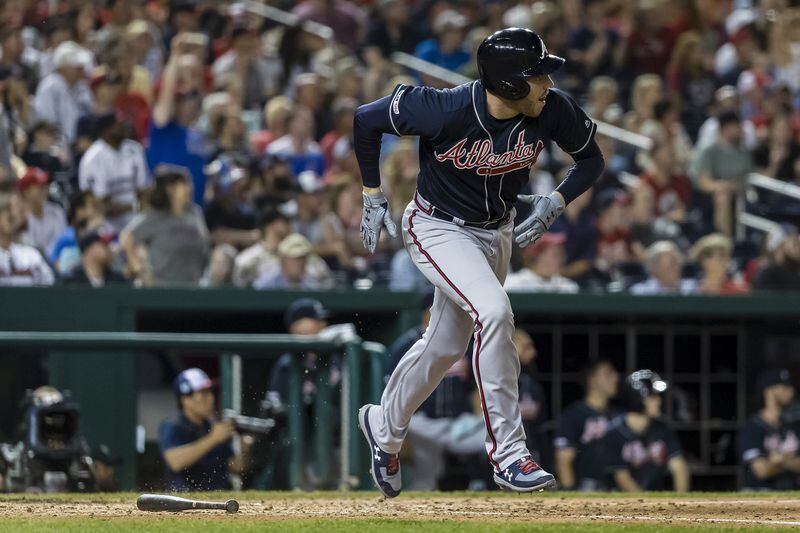 Freddie Freeman #5 of the Atlanta Braves hits a three RBI double against the Washington Nationals during the seventh inning at Nationals Park on June 22, 2019 in Washington, DC. (Photo by Scott Taetsch/Getty Images)