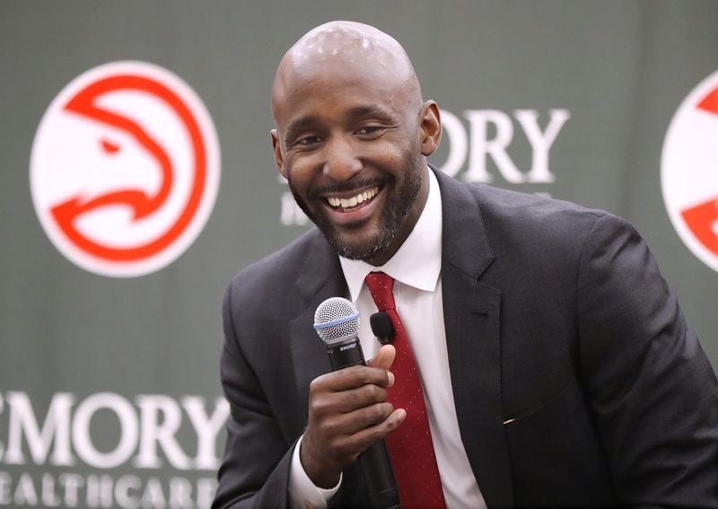 Lloyd Pierce is all smiles as the Atlanta Hawks introduce him as the 13th full-time coach of the NBA franchise Monday, May 14, 2018, in Atlanta. (Curtis Compton/ccompton@ajc.com)