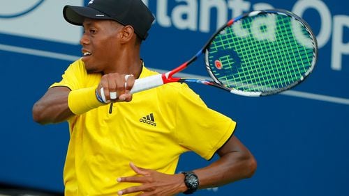 Christopher Eubanks returns a forehand to Taylor Fritz during the BB&T Atlanta Open at Atlantic Station on July 25, 2017 in Atlanta. (Photo by Kevin C. Cox/Getty Images)