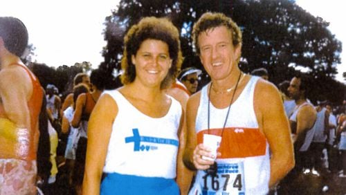 Jack Moore of McDonough stands with wife, Kay, after completing The Atlanta Journal-Constituition Peachtree Road Race in 1987. Moore ran in the first-ever Peachtree Road Race, in 1970. (Contributed by Jack Moore)
