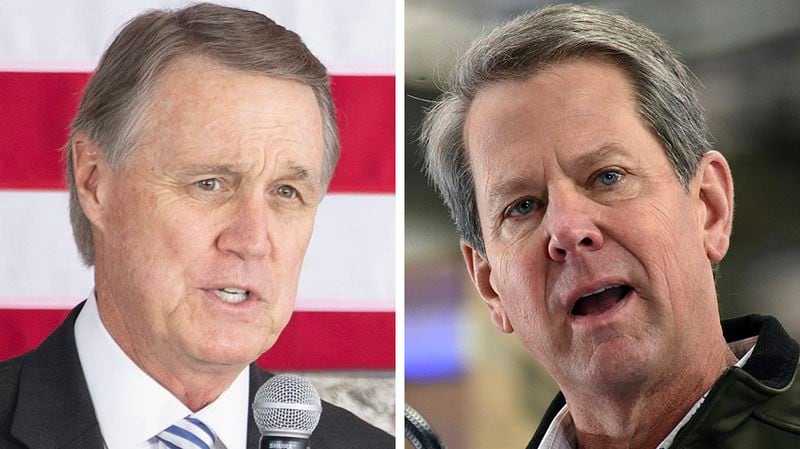 Former U.S. Sen. David Perdue, left, has been trailing Gov. Brian Kemp in both fundraising and recent polls. Former President Donald Trump will come to Georgia on March 26 to rally supporters behind Perdue's effort to unseat Kemp in the GOP primary.