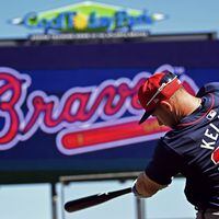 Atlanta Braves left fielder Jarred Kelenic practices his swing before taking batting practice during spring training workouts at CoolToday Park, Thursday, Feb. 22, 2024, in North Port, Florida. (Hyosub Shin / Hyosub.Shin@ajc.com)