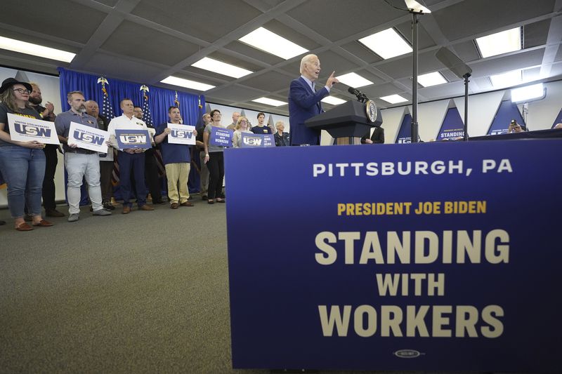 President Joe Biden speaks at a campaign event at United Steelworkers Headquarters, Wednesday, April 17, 2024, in Pittsburgh, Pa. (AP Photo/Alex Brandon)