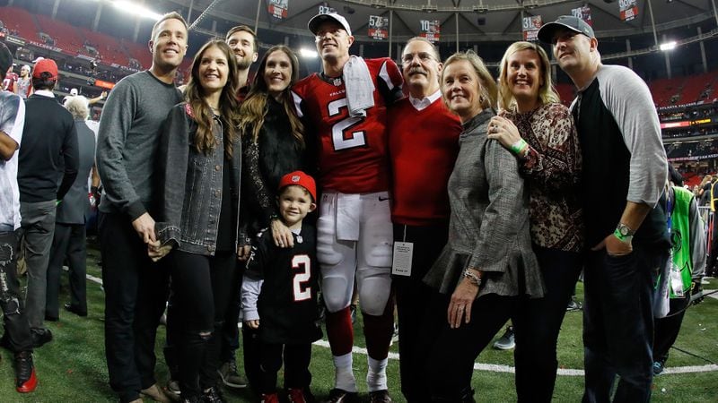  Matt Ryan celebrates with his family after defeating the Green Bay Packers in the NFC Championship Game at the Georgia Dome on January 22, 2017 in Atlanta, Georgia. The Falcons defeated the Packers 44-21. (Kevin C. Cox/Getty Images)