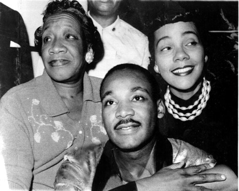 In Sept. 1958, while at a book promotion and rally in Harlem, King was stabbed in the chest by a woman later said to be mentally deranged. His family immediately came to be with him. He's seen here recuperating with is mother (left) and wife (right).