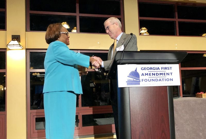 Atlanta City Attorney Nina Hickson, left, was honored by Georgia First Amendment Foundation President Richard Griffiths for her efforts to stand up for open government on Wednesday, Oct. 18, 2018. Reporting earlier this year by The Atlanta Journal-Constitution and Channel 2 Action News revealed Hickson, as the attorney for the Atlanta Beltline in 2017, successfully pushed back against efforts by a top aide to former Mayor Kasim Reed to hinder access to public documents. J. SCOTT TRUBEY/STRUBEY@AJC.COM.