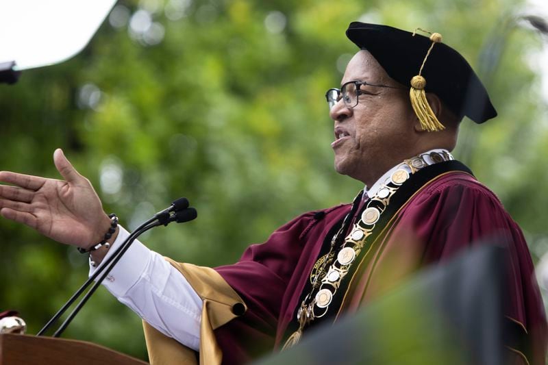 Morehouse College president Dr. David A. Thomas speaks during the Morehouse College commencement ceremony on Sunday, May 21, 2023, on Century Campus in Atlanta. The graduation marked Morehouse College's 139th commencement program. CHRISTINA MATACOTTA FOR THE ATLANTA JOURNAL-CONSTITUTION