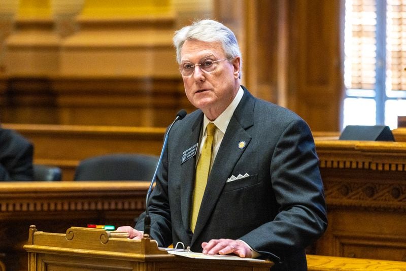 Georgia State Sen. Mike Hodges, R-Brunswick, speaks about HB 147, a school safety bill, at the Senate in Atlanta on Monday, March 13, 2023. (Arvin Temkar / arvin.temkar@ajc.com)