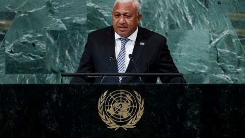 FILE - The then Prime Minister of Fiji Josaia Voreqe Bainimarama addresses the 77th session of the United Nations General Assembly, Sept. 23, 2022, at the U.N. headquarters. Former Prime Minister Bainimarama was sentenced on Thursday, May 9, 2024, to a year in prison for interfering in a criminal investigation while he headed the government of his South Pacific island nation. (AP Photo/Julia Nikhinson, File)