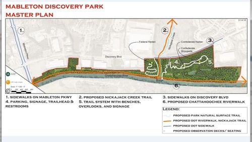 The proposed master plan for a park on the Chattahoochee in Mableton, originally concieved as Mableton Discovery Park (Courtesy of Cobb County)