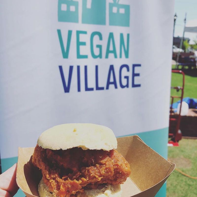 Atlanta pop-up Vegan Village cooks plant-based versions of comfort foods including chicken biscuits. / Courtesy of Vegan Village