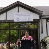 State Sen. Gail Davenport, D-Jonesboro, speaks during the groundbreaking ceremony for the renovation of the Rosenwald School, formerly known as Jonesboro Colored School, on Wednesday, March 27, 2024. (Natrice Miller/ Natrice.miller@ajc.com)