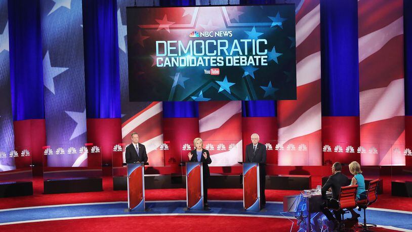 CHARLESTON, SC - JANUARY 17: Democratic presidential candidates Martin OMalley (L), Hillary Clinton (C) and Senator Bernie Sanders (I-VT) participate in the Democratic Candidates Debate hosted by NBC News and YouTube on January 17, 2016 in Charleston, South Carolina. This is the final debate for the Democratic candidates before the Iowa caucuses. (Photo by Andrew Burton/Getty Images)
