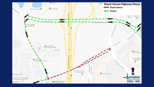 Map depicts the detour around the closed section of Mount Vernon Highway at Ga. 400 in Sandy Springs. The road will be closed from 9 p.m. to 5 a.m. nightly from Sunday, June 3, through Friday, June 8. GEORGIA DEPARTMENT OF TRANSPORTATION