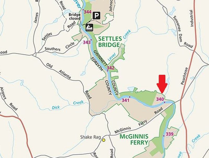 The Chattahoochee River National Recreation Area is 55 acres bigger after the purchase of a key property, highlighted above with a red arrow. (Map via National Park Service)