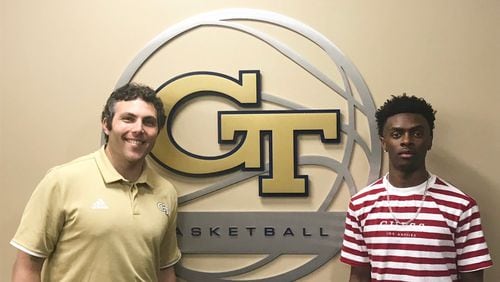 Georgia Tech coach Josh Pastner (left) with VMI guard and Brookwood High graduate Bubba Parham, who announced his intention to transfer to Tech after the school year. (Courtesy Daniel Bowles)